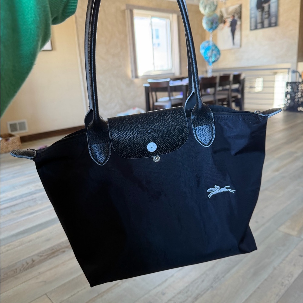 Longchamp Black Nylon Shoulder Tote with Leather Trim